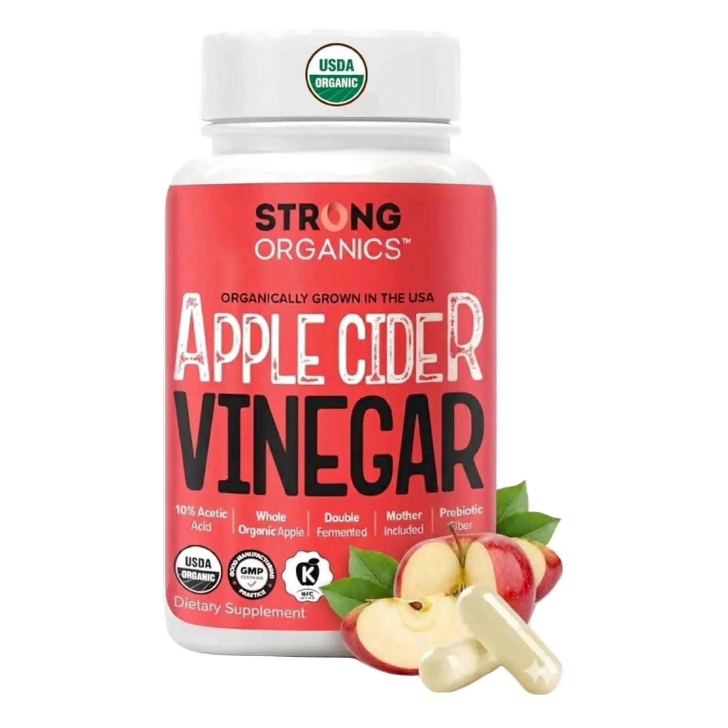 Organic Apple Cider Vinegar with The Mother – USA Grown, 10% Acetic Acid – 120ct Vegan