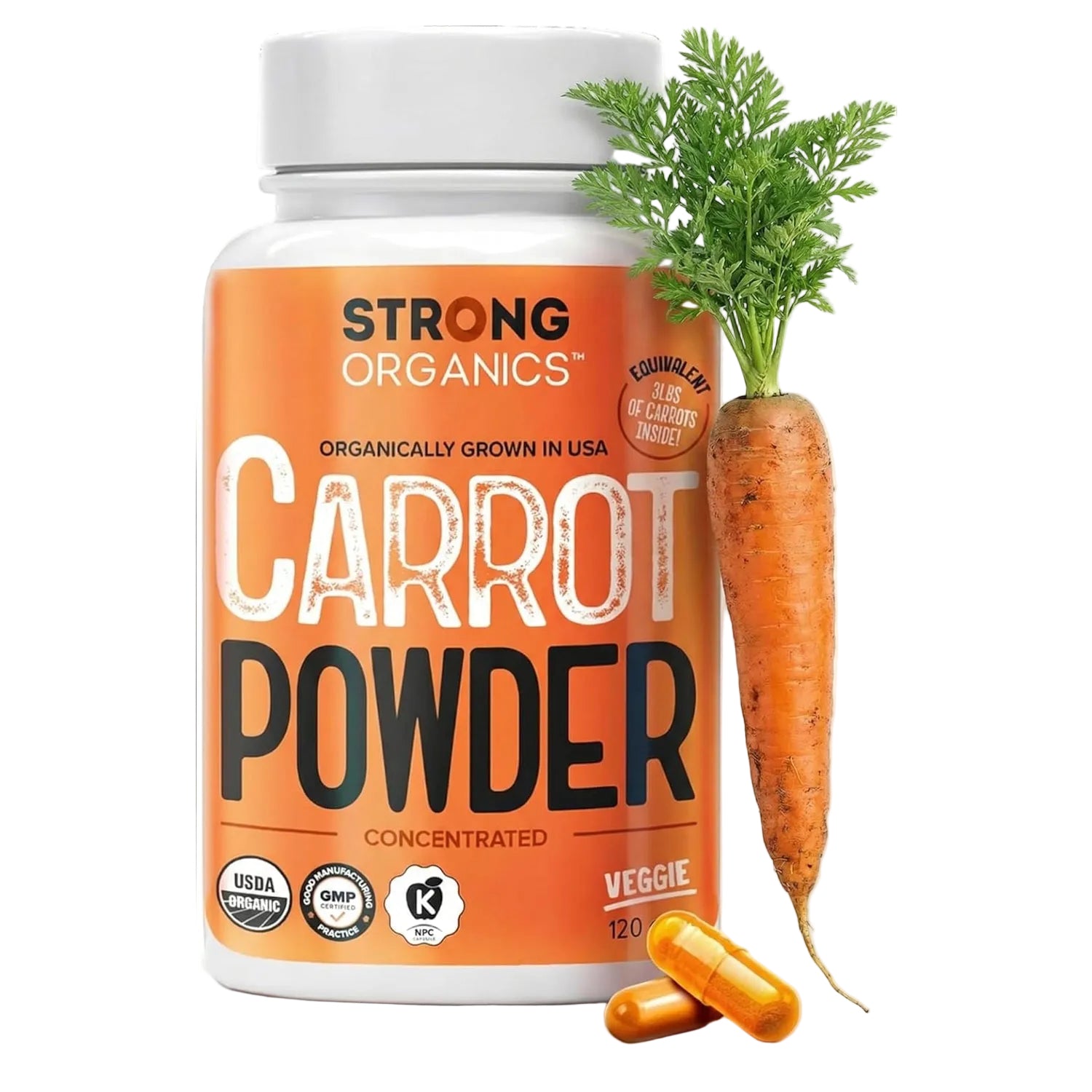 Organic Carrot Juice Powder Capsules USA Grown, Raw Cold-Pressed 120ct Vegan